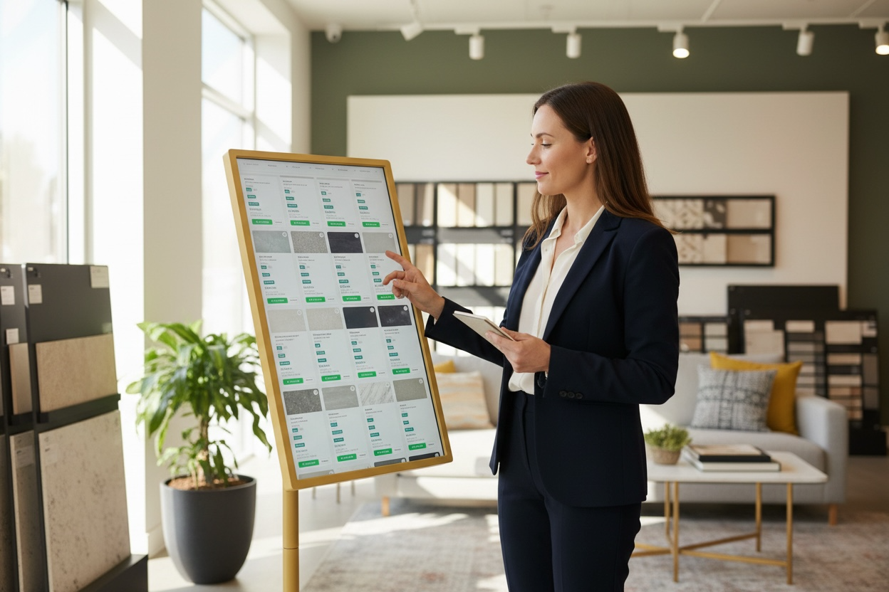 StoneOS Discovery Hub — a 32-inch touchscreen kiosk on the showroom floor