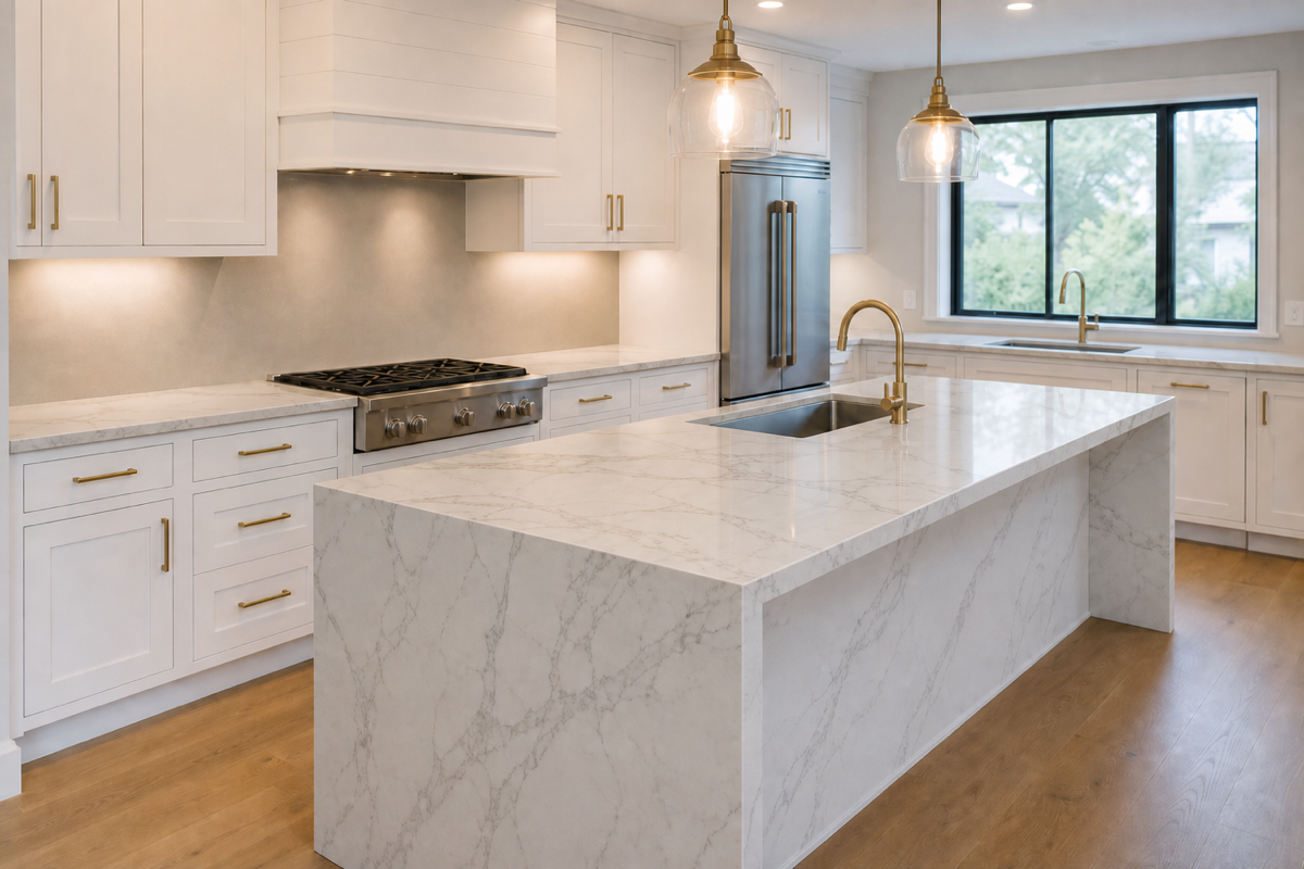 A customer's kitchen rendered with a catalog stone by the StoneOS AI Visualizer