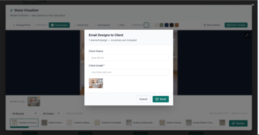 A branded StoneOS customer email showing a showroom logo